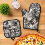 Black and White Family Photo Collage Gold Monogram Oven Mitt & Pot Holder Set<br><div class="desc">Create your own custom, personalised, beautiful elegant faux gold typography script, monogrammed, cool, vintage retro look seventeen photo collage (twelve photo collage on pot holder & five photo collage on oven mitt), crafted with precision and care, combining functionality with personalised style, kitchen oven mitt and pot holder set, designed to...</div>