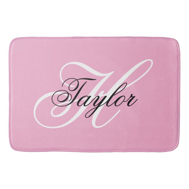 Black and White Fancy Monogram Pink Bath Mat (Front)
