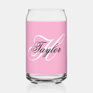 Black and White Fancy Monogram Pink Can Glass
