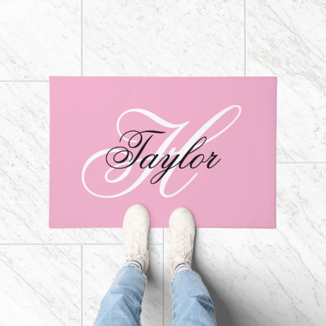 Black and White Fancy Monogram Pink Doormat (Indoor)