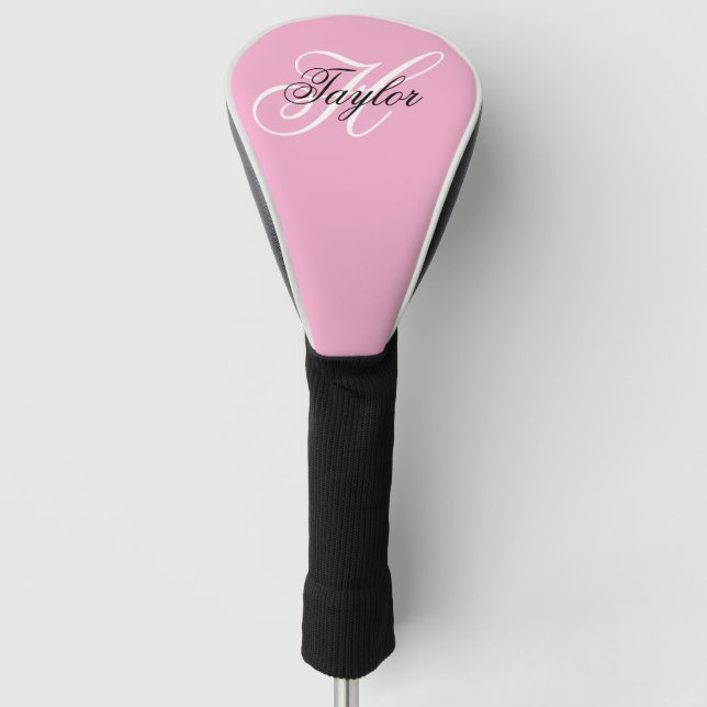 Black and White Fancy Monogram Pink Golf Head Cover (Front)