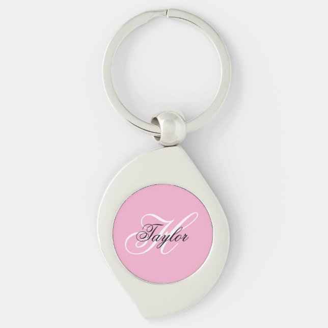 Black and White Fancy Monogram Pink Key Ring (Front)