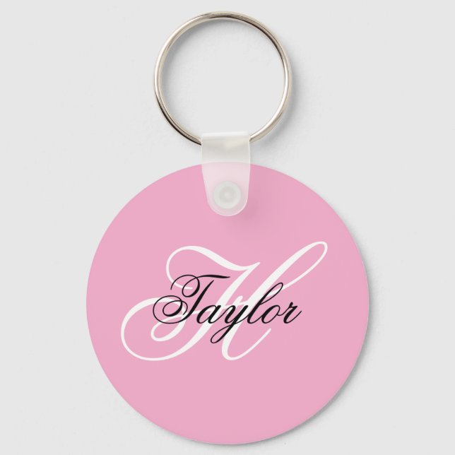 Black and White Fancy Monogram Pink Key Ring (Front)