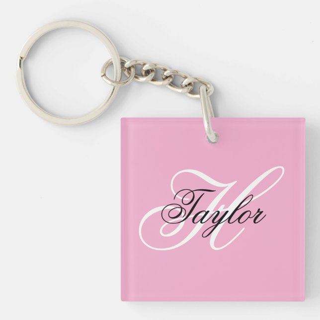 Black and White Fancy Monogram Pink Key Ring (Front)