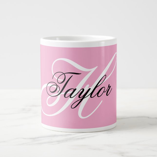 Black and White Fancy Monogram Pink Large Coffee Mug (Front)