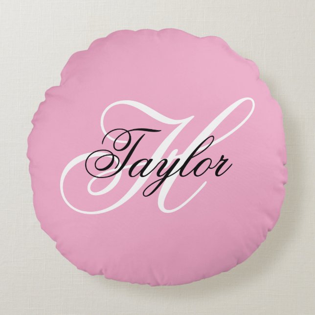 Black and White Fancy Monogram Pink Round Cushion (Front)