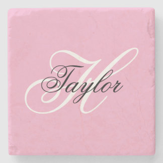 Black and White Fancy Monogram Pink Stone Coaster