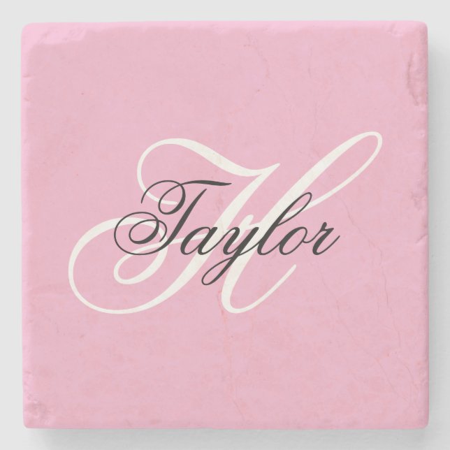 Black and White Fancy Monogram Pink Stone Coaster (Front)