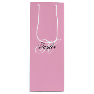 Black and White Fancy Monogram Pink Wine Gift Bag
