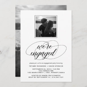 Black and White Fancy Script Engagement Party Invitation