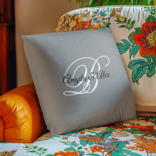 Black and White Fancy Script Monogram Grey Cushion