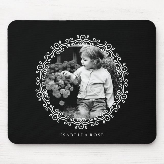 Black and White Fancy Swirls Photo Frame Mouse Mat (Front)