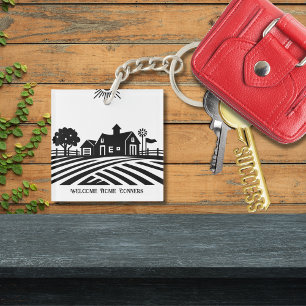 Black and White Farmhouse Scene Housewarming Gift Key Ring