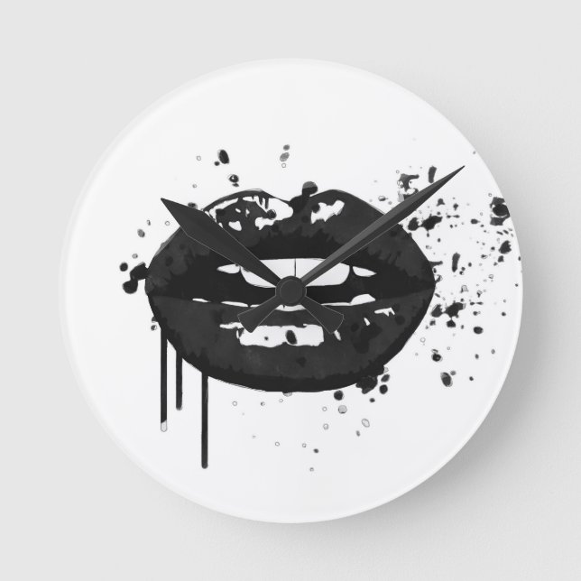 Black and white fashion glamour lips illustration round clock (Front)