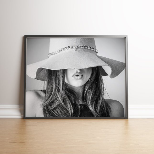 Black and White Fashion Model with Hat Poster (Black and White Fashion Model with Hat Poster in black frame.)