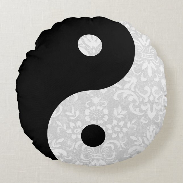 Black and White Faux Lace Yin Yang Round Cushion (Front)