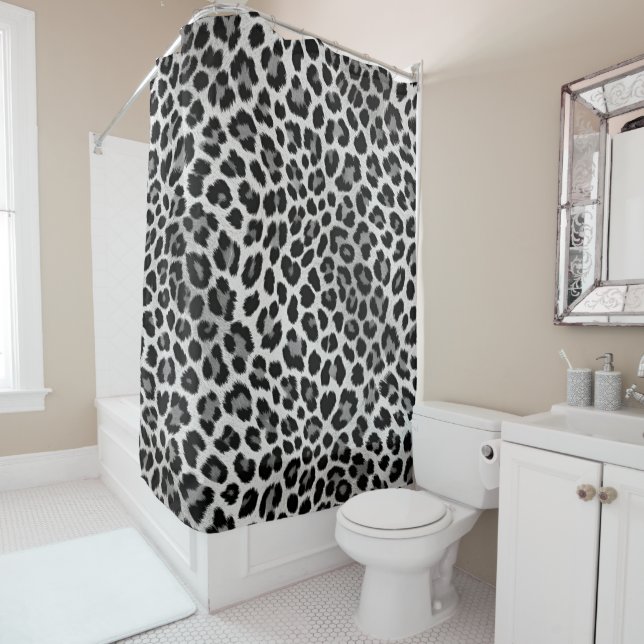 Black and White Faux Leopard Skin Pattern Print Shower Curtain (In Situ)