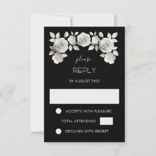 Black and White Faux Paper Cut Roses Wedding RSVP Card