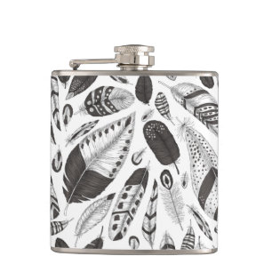 Black and white feathers pattern hip flask