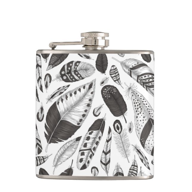 Black and white feathers pattern hip flask (Front)