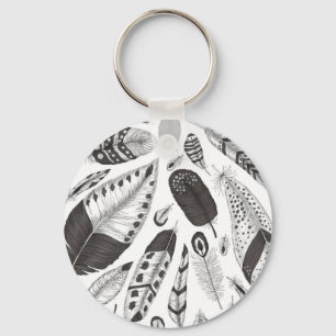Black and white feathers pattern key ring