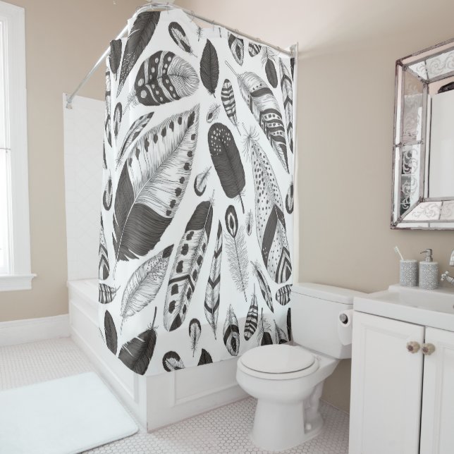 Black and white feathers pattern shower curtain (In Situ)