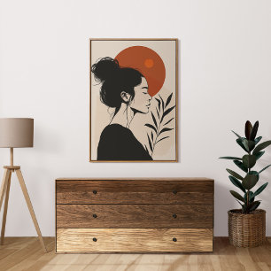 Black and White Female Portrait Red Sun Poster