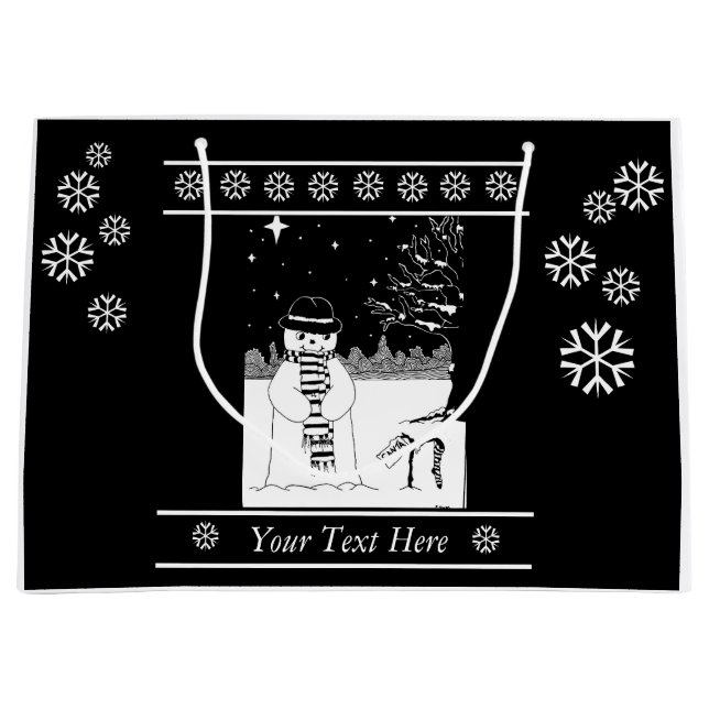 black and white festive design of cute snowman large gift bag (Front)