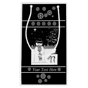 black and white festive design of cute snowman small gift bag