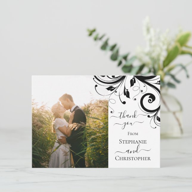 Black and White Festive Swirl Photo Thank You (Standing Front)