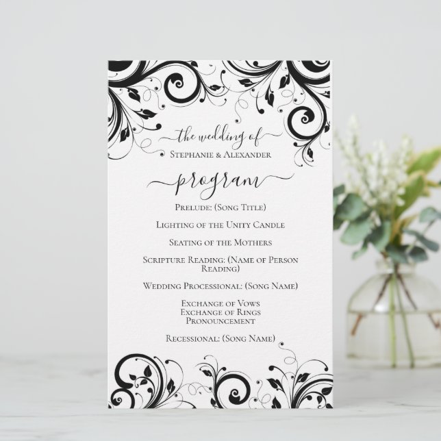Black and White Festive Swirl Wedding Program (Standing Front)