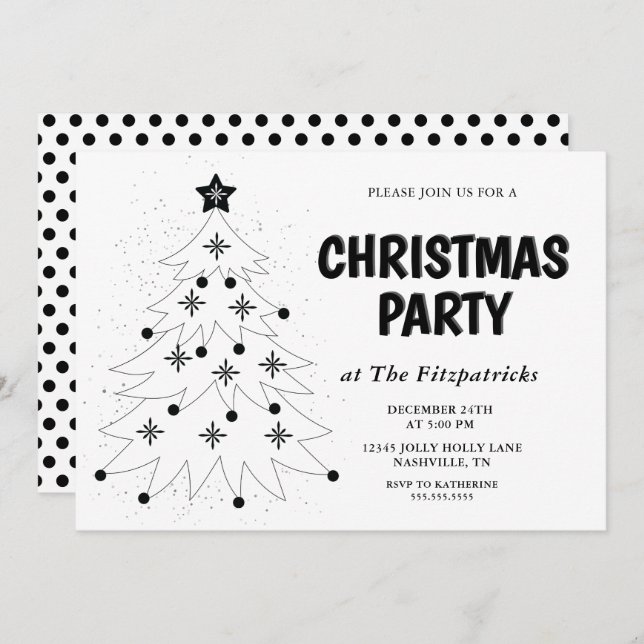 Black and White Festive Tree Christmas Party Invitation (Front/Back)