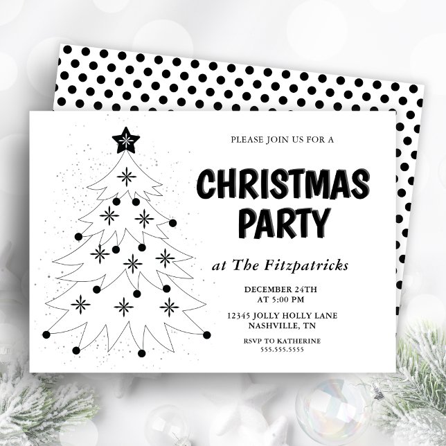 Black and White Festive Tree Christmas Party Invitation (Black and White Festive Tree Christmas Party Invitation)