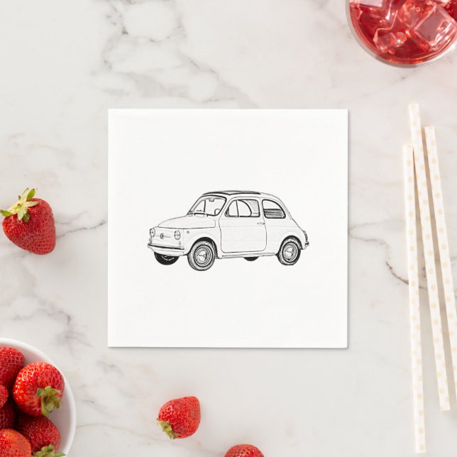 Black and White Fiat 500 Mini Car Pencil Drawing Napkin (Insitu)