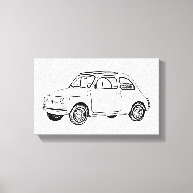 Black and White Fiat 500 Topolino Drawing Canvas Print (Front)