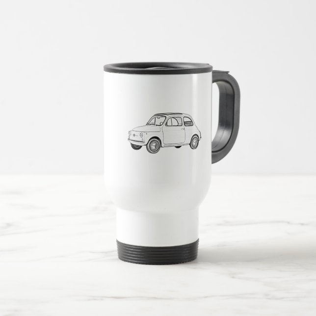 Black and White Fiat 500 Topolino Pencil Drawing Travel Mug (Front Right)