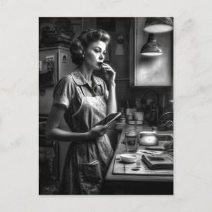 Black and White Film Noir Woman in Kitchen Postcard