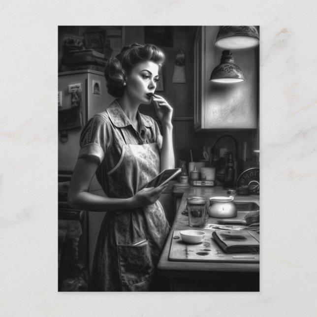 Black and White Film Noir Woman in Kitchen Postcard (Front)