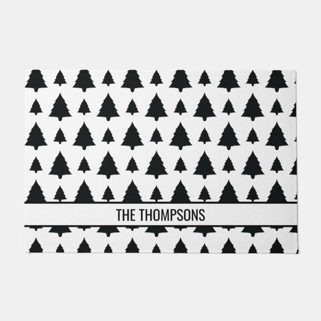 Black And White Fir Christmas Tree Pattern & Text Doormat (Front)