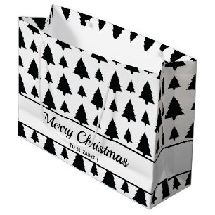 Black And White Fir Christmas Tree Pattern & Text Large Gift Bag