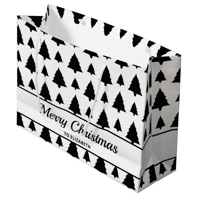 Black And White Fir Christmas Tree Pattern & Text Large Gift Bag (Front Angled)