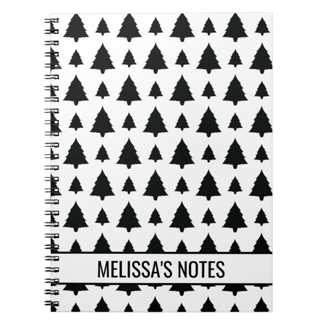 Black And White Fir Christmas Tree Pattern & Text Notebook (Front)