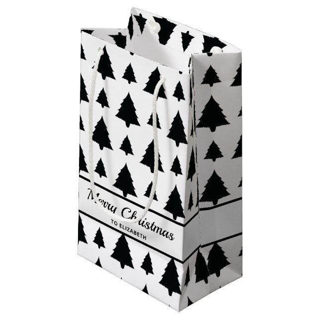 Black And White Fir Christmas Tree Pattern & Text Small Gift Bag (Front Angled)