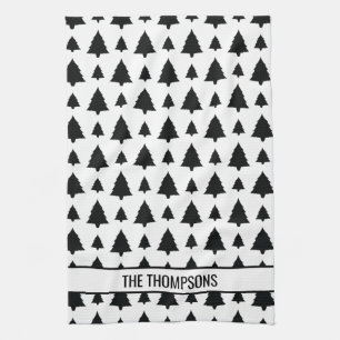 Black And White Fir Christmas Tree Pattern & Text Tea Towel