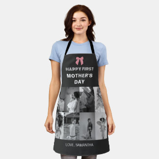 Black and White First Mother Day Photo Collage Apron