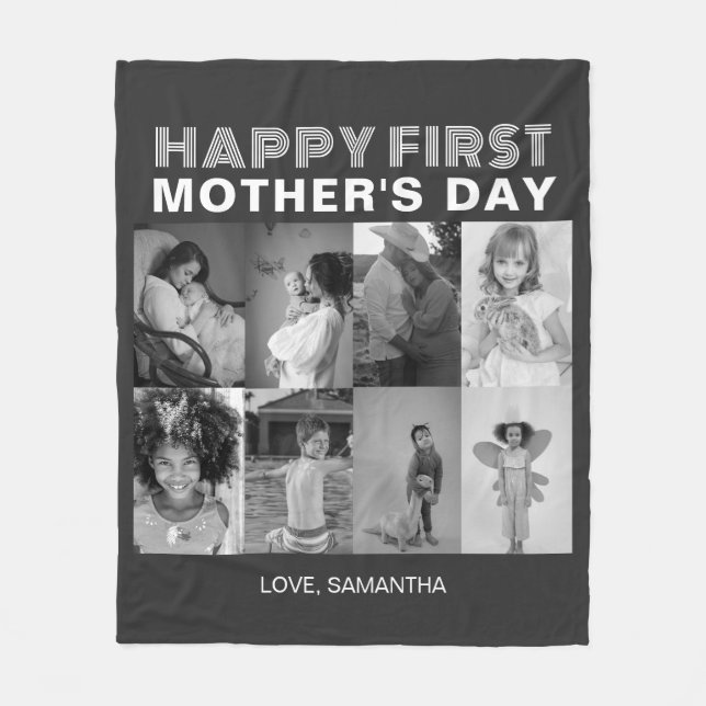 Black and White First Mother Day Photo Collage  Fleece Blanket (Front)