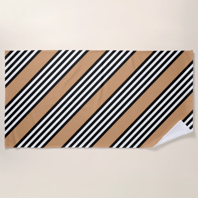 Black and white five stripe pattern with tan beach towel (Front)