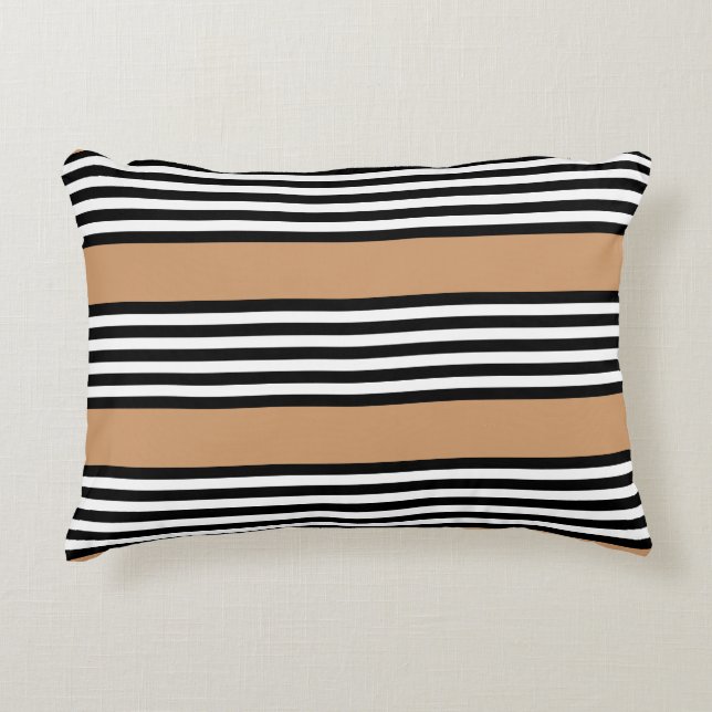 Black and white five stripe pattern with tan decorative cushion (Front)