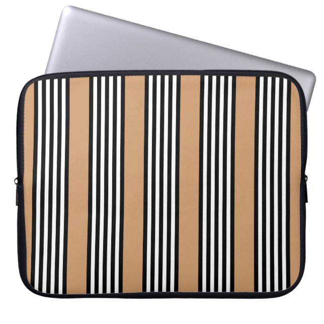 Black and white five stripe pattern with tan laptop sleeve (Front)