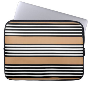 Black and white five stripe pattern with tan laptop sleeve